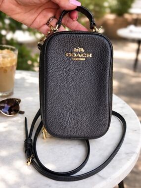 Coach Black Pebbled Leather Cell Phone Crossbody with Gold Hardware